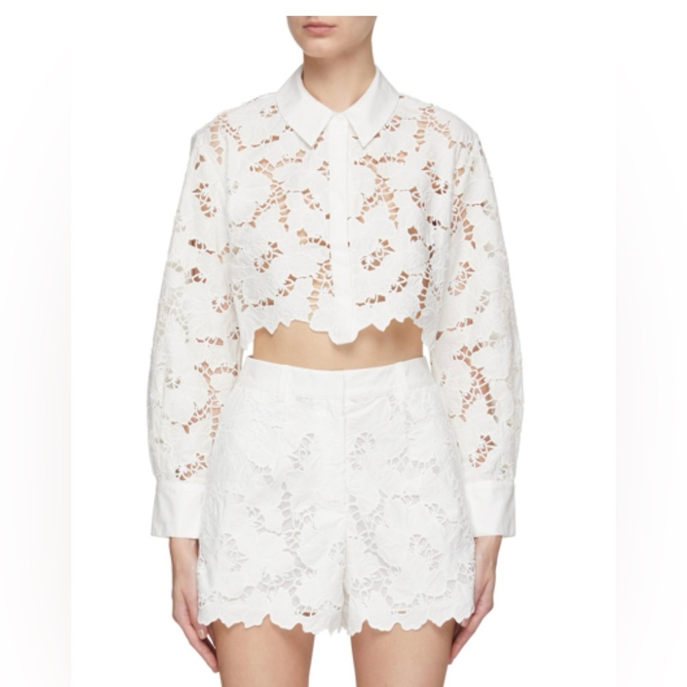 Self-Portrait, crochet lace crop, button down. Size 4